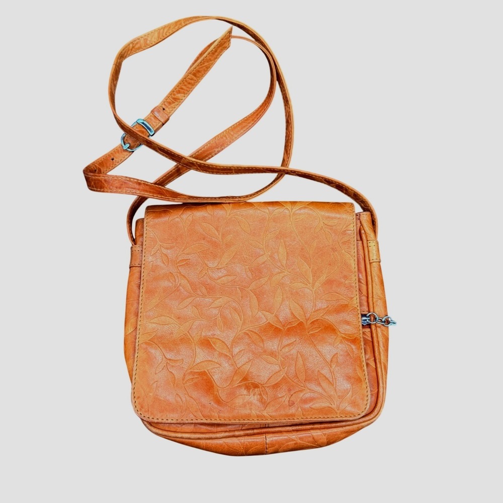 Tan Genuine Leather Embossed Leaf Crossbody Bag Organizer Wallet Made in India